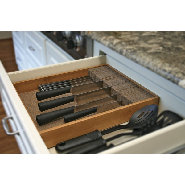 Deluxe KNIFEdock - In-drawer Kitchen Knife Storage (15 in x 13 in x 2.5 in)- Easily Identify Your Knives At A Glance. Frees Up Your Counter Space. Cork Composite Material Never Dulls Your Blades.