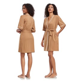 COLORFULLEAF 100% Cotton Bathrobes Women's Lightweight Dressing Gown Short Sauna Kimono Soft Women Sleepwear, brown