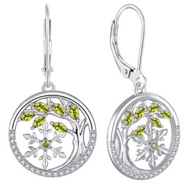 YL Tree of Life and Snowflake Earrings 925 Sterling Silver August Birthstone Peridot Green Cubic Zirconia Dangle Drop Earrings for Women