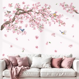 wondever Cherry Blossom Tree Branch Wall Stickers Pink Flower Floral Birds Peel and Stick Wall Art Decals for Bedroom Living Room Sofa