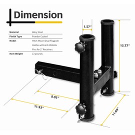 MAXXHAUL 51039 Heavy Duty Hitch Mount Dual Flagpole Holder with Anti-Wobble Pins for 2" Receivers
