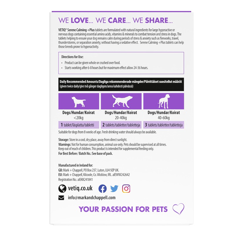 VETIQ Serene Calming Plus+ Tablets For Large Dogs, Helps to