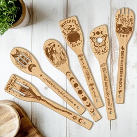 CUTHOLLOW 6PCS Magic Witch Wooden Kitchen Cooking Utensil Set, Non Toxic Bamboo Wood Spoon Set for Cooking, Best Housewarming Birthday Thanksgiving Christmas Gift for Women Mother