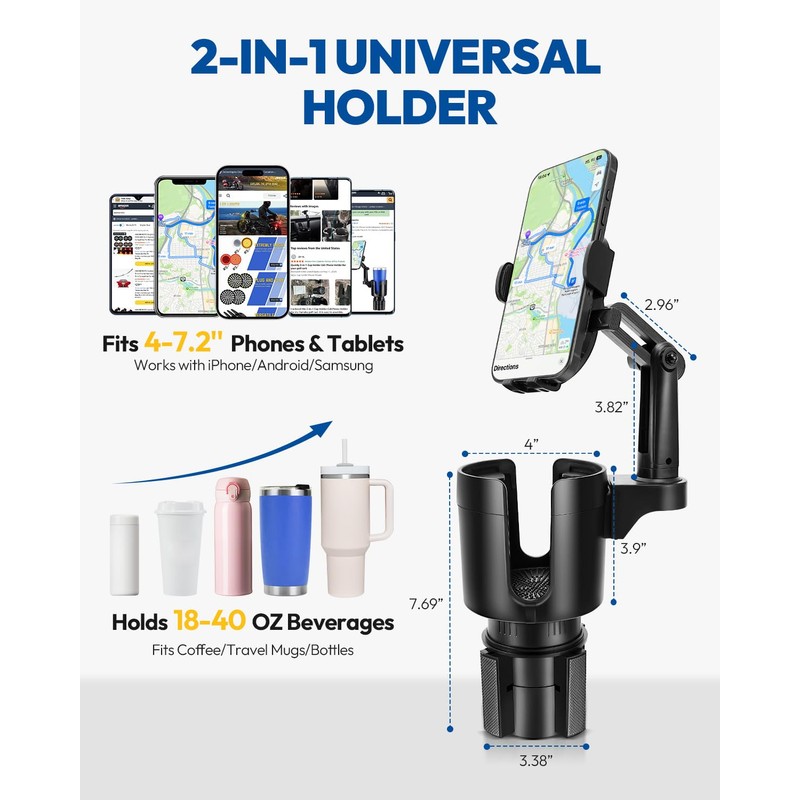 2-in-1 Cup Holder Cell Phone Holder,Adjustable 360° Rotation Universal Phone