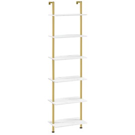 HOOBRO DIY Ladder Shelf, 6-Tier Wooden Wall Mounted Bookshelf, Narrow Gold Bookcase, Display Shelf, Storage Rack, Plant Stand, for Living Room, Bedroom, Study, Balcony, Marble and Gold DM651CJ01