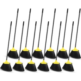 12 Pcs Heavy Duty 53 Inch Commercial Angle Brooms for Sweeping Indoor Outdoor - Black Broom with Long Handle for Garage, Courtyard, Patio, Lobby, Mall, Market, Shop, Sidewalk, Floor (Yellow)