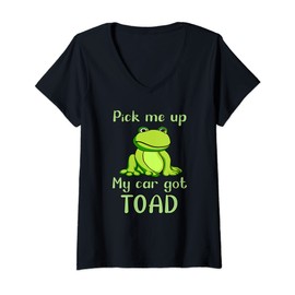 Womens Kids Fun Cute Frog Design Pun. My Car Got Toad Frog Themed V-Neck T-Shirt