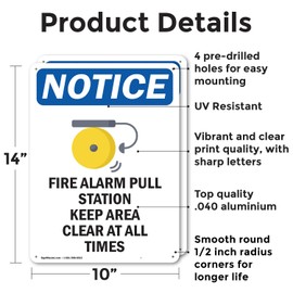 (2 Pack) Fire Alarm Pull Station OSHA Notice Sign 10 Inch X 14 Inch Indoor/Outdoor Rust-Free Aluminum Metal Signs for Workplace, Workshop, and Construction Site, Made in the USA