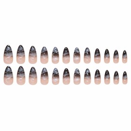 MISUD Press on Nails Medium Almond Fake Nails Glossy Glue on Nails Goth Black Ombre Acrylic Nails Stiletto Artificial Nails Cloud Stick on False Nails with Design 24 pcs