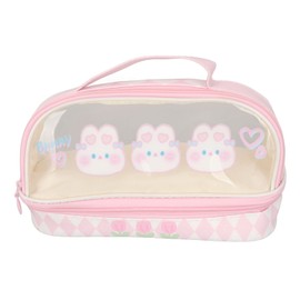 Pencil Case for Girls, Cute Bunny Pencil Case Kawaii Aesthetic Cute Pencil Case Bag Double Layer Waterproof Transparent Kawaii Pencil Case Pink Cosmetic Bag with Handle