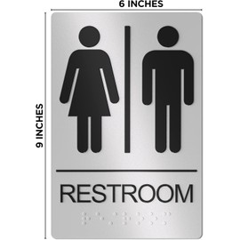ASSURED SIGNS Unisex Bathroom Signs, Restroom Sign For Business - For Men and Women - 9" by 6" - ADA Compliant with Braille - Strong Double-Sided Adhesives Included - Apply to Office, Home, Public Door/Wall