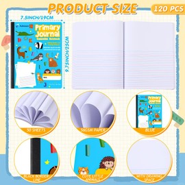 Watersay 120 Pcs Primary Composition Notebook K-2 with Picture Space Primary Journal Grades K-2 Animal Print 50 Sheet (100 Pages) Drawing and Writing Notebook for Preschool, 1st 2nd Grade (Blue Color)
