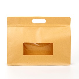 Brown Kraft Paper Side Gusset Flat Bottom Stand Up Pouch with Clear Window with Carrying Handle for Food Storage, Sample Kit, Small Business, Bulk (50, 11.02 inch x 8.27 inch)