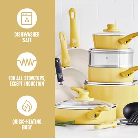 GreenLife 16 Piece Nonstick Cookware Set, Soft Grip Non-Toxic PFAS-Free Ceramic Pots & Pans, Dishwasher & Oven Safe, Frying, Sauce, Saute, Utensils, Glass Lids, Stay-Cool Handles, Wobble Free, Yellow