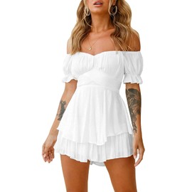 Ahtyeo Women's Casual Off Shoulder Romper Double Layer Ruffle Hem Waist Tie Short Jumpsuits Short Baggy Sleeves Party Dress White Small