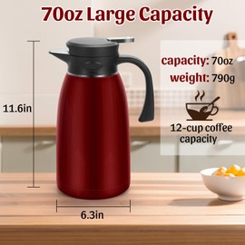 Yummy Sam 70oz Thermal Coffee Carafe, Stainless Steel Carafe for Hot Liquids, Double Wall Vacuum Thermos for Hot Drinks, 2L Large Tea Thermos for Home School Office for Valentine's Day (Burgundy)
