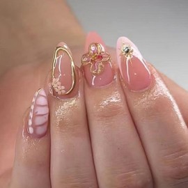 Jremg Nude Pink Press on Nails Short Almond Fake Nails with Rhinestones Designs 3D Flowers Charms Acrylic Nails Spring False Nails French Tip Glue on Nails Reusable Artificial Nails for Women 24Pcs