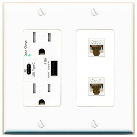 RiteAV 2 Port Cat6 Ethernet Wall Plate - USB A+C Charger [White/White]