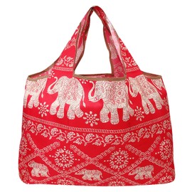 allydrew Large Foldable Tote Nylon Reusable Grocery Bags, 3 Pack, Elephant Owls Cats