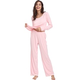 GYS Viscose from Bamboo Women's Pajama Sets Super Soft Long Sleeve Sleepwear Comfy Winter Pjs Sets S-4X, A- Round Neck - Pink, Small