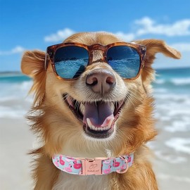 Babole Pet Adjustable Summer Dog Collar - Cute Pink Flamingo Dog Collars for Medium Dogs, Durable Boy Girl Dogs Heavy Duty Metal Buckle Collar M
