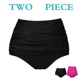 COCOPEAR - Traje de baño fruncido para mujer, cintura alta, parte inferior de bikini de cobertura completa, parte inferior de bikini con control de abdomen, Black+deep Pink, 3X-Large