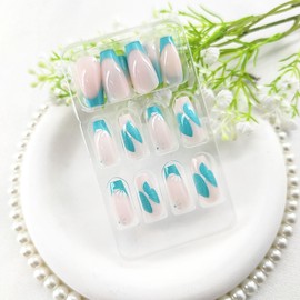 Press on Nails Coffin Medium Blue French Tip Fake Nails with Flower Butterfly Design Glue on Nails Gradient Acrylic White Coffin Nails Press ons Glossy Artificial Stick on Nails for Women 24Pcs
