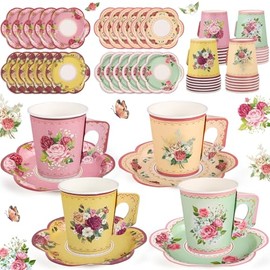 NatNarr 24 Pcs Vintage Floral Tea Party Cups 7 OZ Disposable Paper Tea Cups with Handle and Plates Teacups and Saucer Sets for Baby Shower Wedding Birthday(Vintage Style)