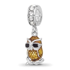 JewelryWeb 2mm Ss Reflections Rhodium Plated Crystal Enameled Owl Dangle Bead-Bead Charm Pendant Necklace for Women