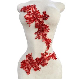 Handmade Rhinestones Bodice lace Applique handsewing Beads Sequins Trim Patches for Dress Clothes Accessories one Set/Bag 5.5X14inches (Red)