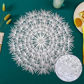 Spldsun Pack of 2 Hollowed Round Place Mats, Silver Round Place Mats, Hollowed Round Placemats Pressed for Soling Dinner Plates, Table Decoration (Dandelion, Silver)
