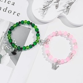 Elphaba Galinda Friendship Matching Bracelets Crown Witch Hat Broom BFF Couples Matching Bracelets Christmas Valentine's Day Gifts for Fans Party Dress Decor (Pink+Green)