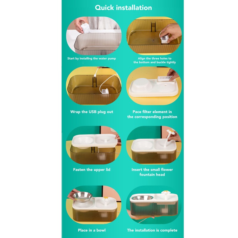 Cat Water Fountain Food Bowl High Capacity Quiet 2 In