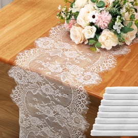 Coume 8 Pack Lace Table Runner 14 x 120 Inch White Rustic Lace Fabric Table Runners with Rose Embroidered Floral for Wedding Bridal Vintage Boho Thanksgiving Christmas Party Decoration