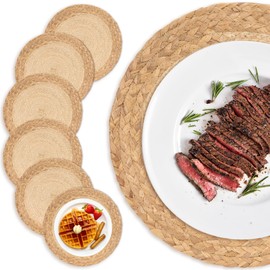 GENMOUS 13" Round Woven Placemats Set of 6, Natural Water Hyacinth Placemats with Corn Husk, Boho Rattan Chargers for Dinner Plates, Wicker Braided Table Place Mats for Home Wedding Party