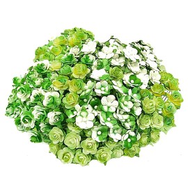 HukDok Mini Rose Artificial Mulberry Paper Flower Mixed Color Tone Decorative Small Roses Flowers for DIY Crafts Projects Scrapbooking Wedding Decorations. (Green Tone)