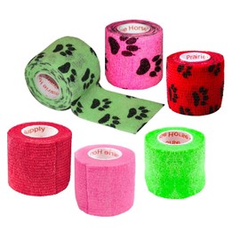 Prairie Horse Supply 2 Inch Vet Wrap Tape Bulk (Green, Pink, Red and Black Paw Prints on Green, Pink, Red) (Pack of 6) Self Adhesive Adherent Adhering Flex Bandage Grip Roll for Dog Cat Pet