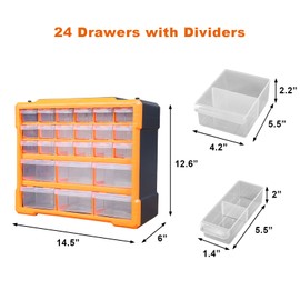 TCE AG2260U Torin 24 Drawers Storage Cabinet Organizer: Convenient Plastic Parts Storage for Desktop or Wall Mounted Organization of Hardware, Parts, Crafts, Beads or Tools, Black/Orange