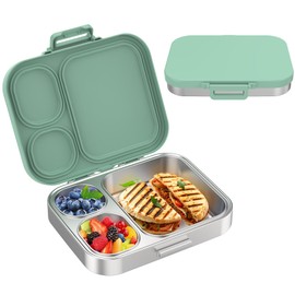 Pawtong Stainless Steel Bento Lunch Box for Kids | 3-Compartment Lunch Box Container Kids | 100% Leakproof, Dishwasher-Safe, Eco-Friendly, Perfect Portion Control for Kids&Adult Healthy Meals (Green)