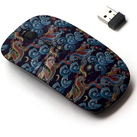 2.4G Wireless Mouse with Cute Pattern Design for All Laptops and Desktops with Nano Receiver - Embroidery Chinese Dragons sea Wave