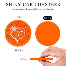 KVAEY 4 PCS Car Cup Holder Coaster, 2.76 Inch Anti Slip Vehicle Drink Mat with Cute Blessed Cross and Heart, Shockproof Cup Holder Coaster for Most Cars, Universal Car Accessories (Orange)