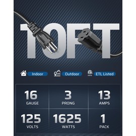 DEWENWILS Extension Cord 10 FT, 3 Prong Waterproof Extension Cable for Indoor Outdoor Appliances, 16/3 SJTW, Black, ETL Listed, 1 Pack