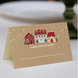 25 Place Cards Christmas Houses - Place Cards to Write Yourself with Text "Schön, dass du da bist" for Advent Season as Decoration Table