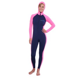 Women Sun Protection Full Body Swimsuit Stinger Suit Dive Skin Hooded UPF50+ Navy Pink L