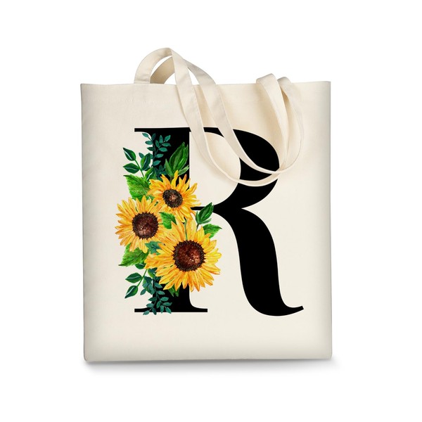 AUSVKAI Canvas Tote Bag Aesthetic for Women, Cute Sunflower Initial