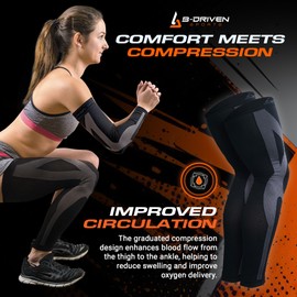 B-Driven Sports Full Leg Compression Sleeves, Graduated Compression 20-30mmHg, Thigh to Ankle, Medical Grade, Calf, Knee, Varicose Veins, Running, Sports, Men & Women - Black Medium (1 Pair)