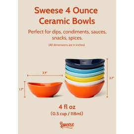 Sweese 4 Inch Porcelain Small 4 oz Bowls for Sauce | Charcuterie | Dipping | Snack | Condiment | Side Dishes Set of 6 - Microwave, Dishwasher and Oven Safe - Hot Assorted Color