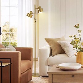 Asmymhd Dimming Floor Lamp with 2 Adjustable Head,Tall Modern Industrial Vintage Standing Lamps for Living Room, Bedroom, Office,Study,Gold Corner Light for Reading