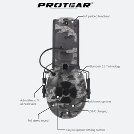 PROTEAR Bluetooth Earmuffs with Microphone, Noise Cancelling Wireless Hearing Protection for Lawn Mowing, Woodworking, Leaf Bubbles, SNR 30dB, Camouflage Grey, Unit size