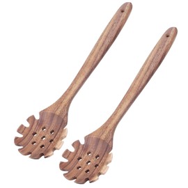 Wooden Pasta Spoon Spaghetti Fork 12.8 Inch Long Hand Pasta Serving Kitchen Utensils Acacia Wood Pasta Forks Spatula Tool Noodle Spoon